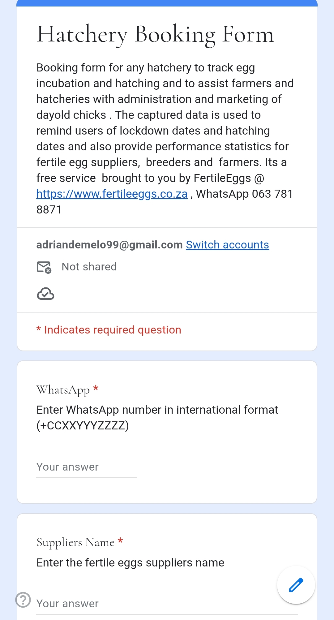 Hatchery Booking Form